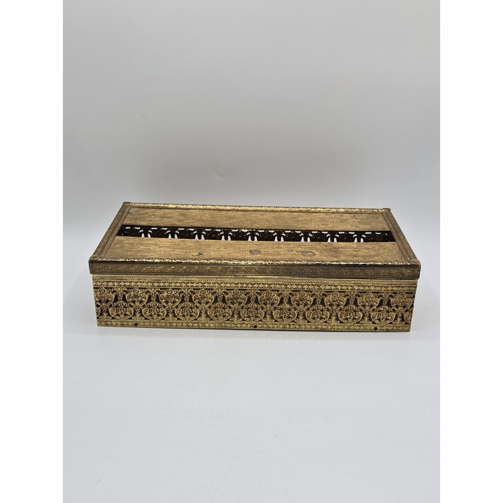 Hollywood Regency Gold Filigree Tissue Box Holder Ornate Metal Vanity Cover